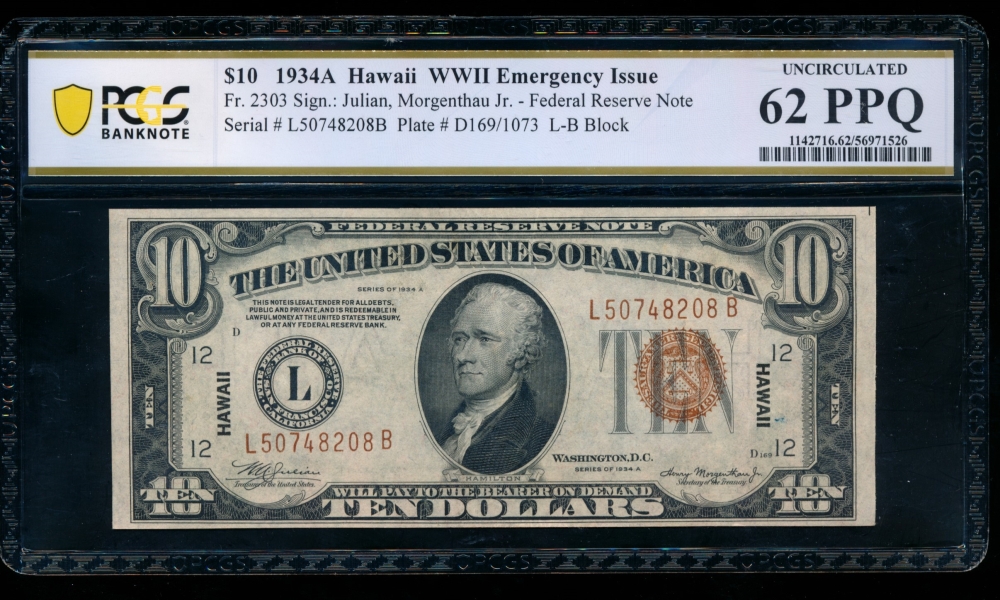 Fr. 2303 1934A $10  Hawaii  PCGS 62PPQ L50748208B