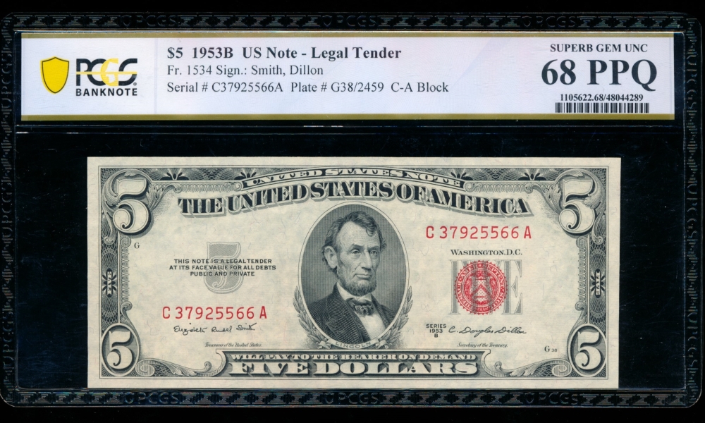 Fr. 1534 1953B $5  Legal Tender CA block PCGS 68PPQ C37925566A