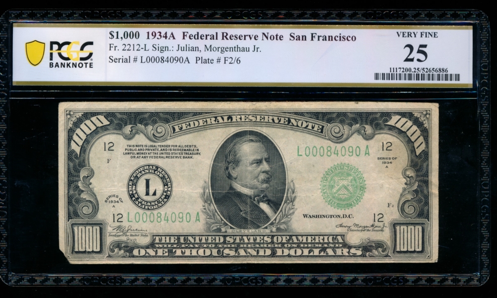 Fr. 2212-L 1934A $1,000  Federal Reserve Note San Francisco PCGS 25 comment L00084090A