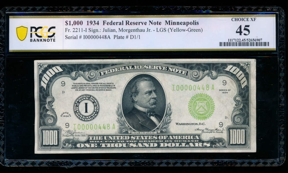 Fr. 2211-I 1934 $1,000  Federal Reserve Note Minneapolis LGS PCGS 45 I00000448A