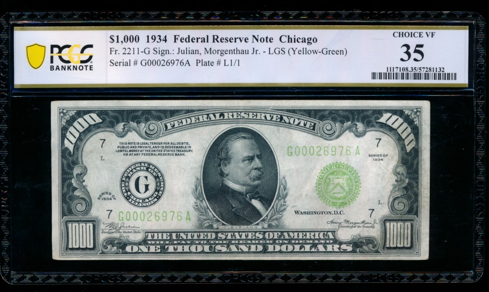 Fr. 2211-G 1934 $1,000  Federal Reserve Note Chicago LGS PCGS 35 G00026976A
