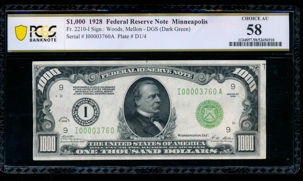 Fr. 2210-I 1928 $1,000  Federal Reserve Note Minneapolis PCGS 58 comment I00003760A