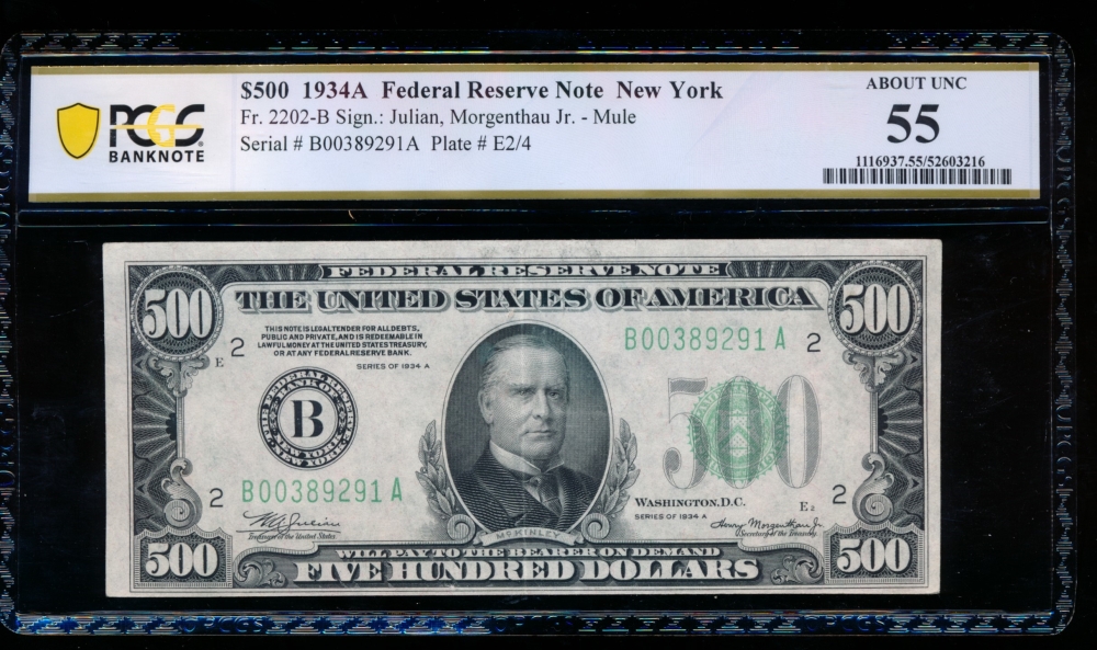 Fr. 2202-B 1934A $500  Federal Reserve Note New York PCGS 55 B00389291A