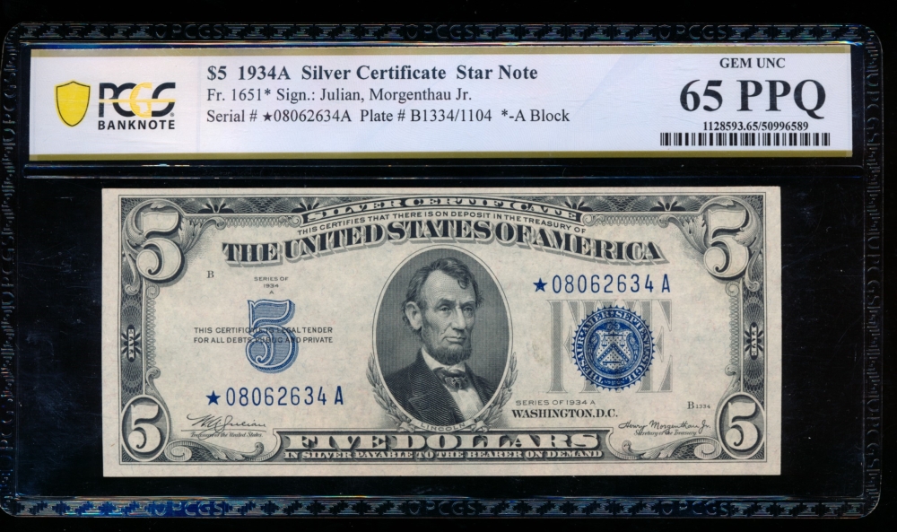 Fr. 1651 1934A $5  Silver Certificate *A block PCGS 65PPQ *8062634A