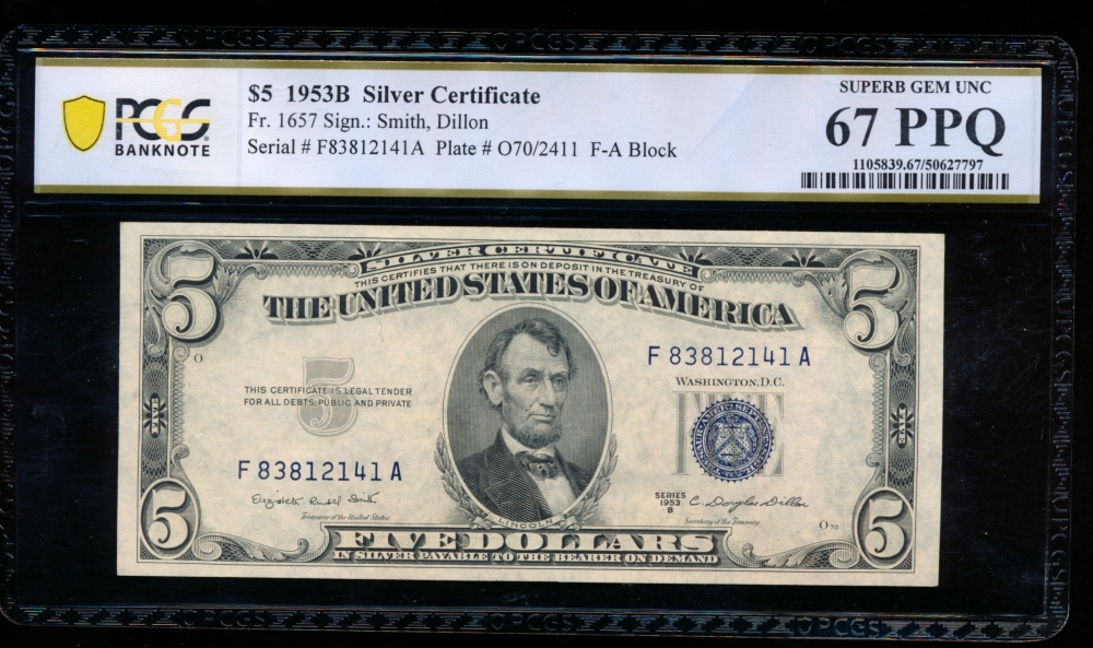 Fr. 1657 1953B $5  Silver Certificate FA block PCGS 67PPQ F83812141A