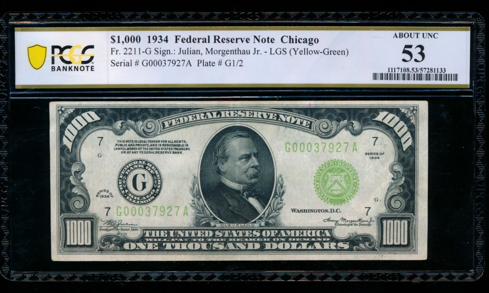 Fr. 2211-G 1934 $1,000  Federal Reserve Note Chicago LGS PCGS 53 G00037927A