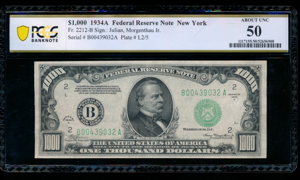 Fr. 2212-B 1934A $1,000  Federal Reserve Note New York PCGS 50 comment B00439032A