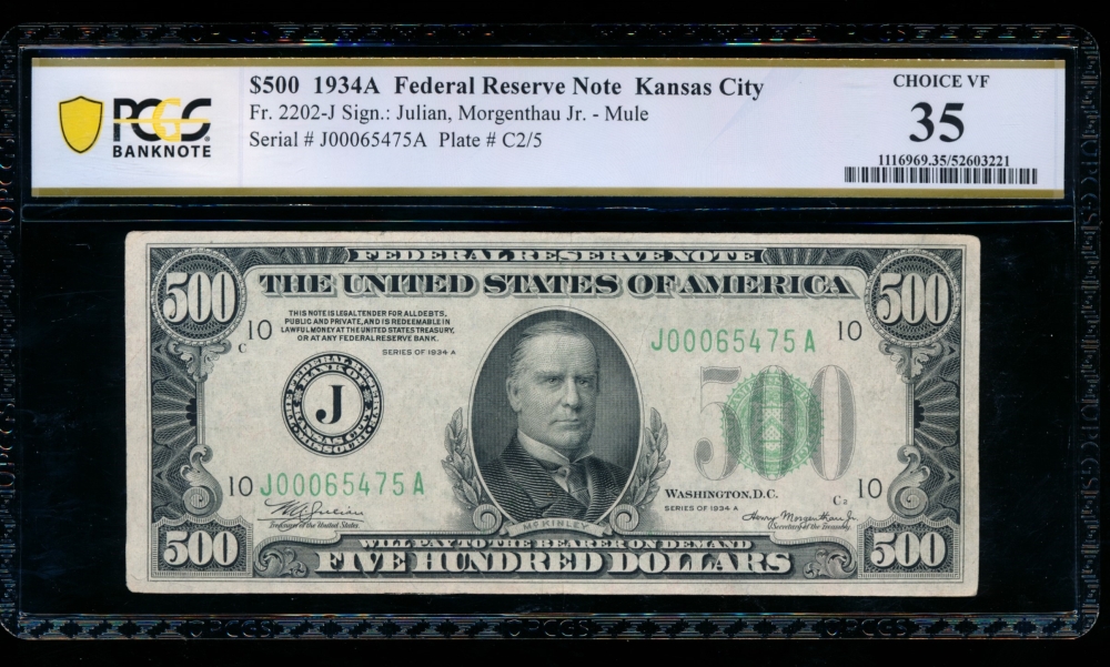 Fr. 2202-J 1934A $500  Federal Reserve Note Kansas City PCGS 35 J00065475A