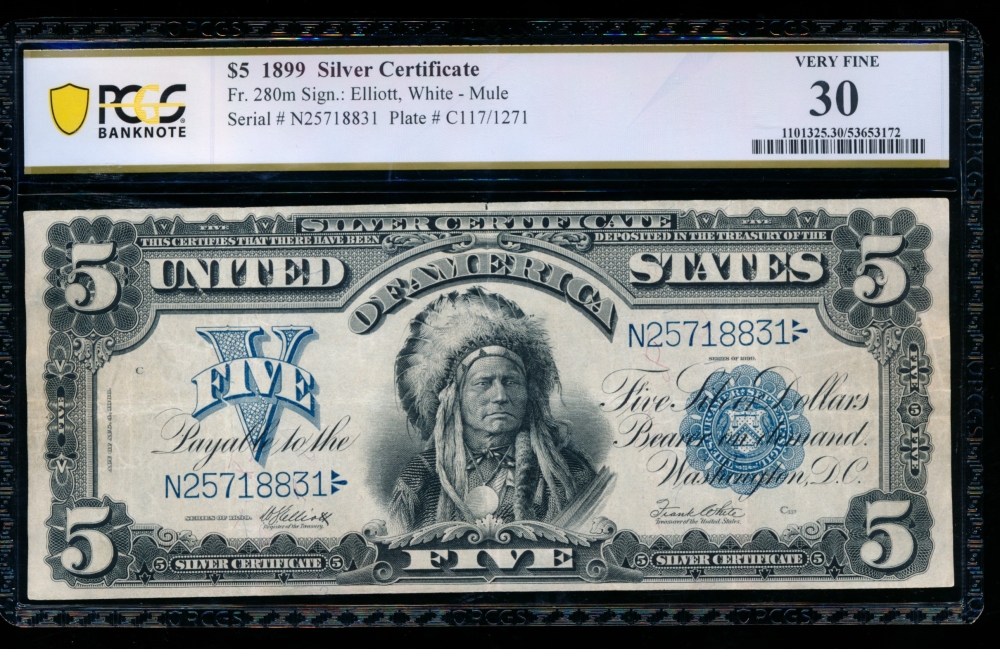 Fr. 280 1899 $5  Silver Certificate mule PCGS 30 N25718831