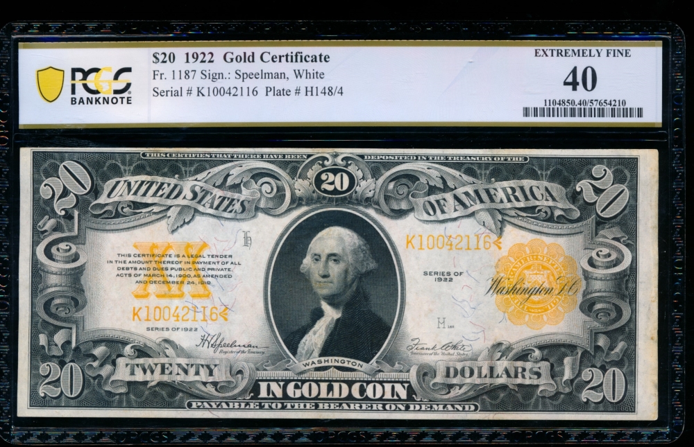 Fr. 1187 1922 $20  Gold Certificate  PCGS 40 comment K10042116