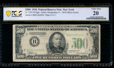 Fr. 2201-B 1934 $500  Federal Reserve Note New York PCGS 20 B00146509A
