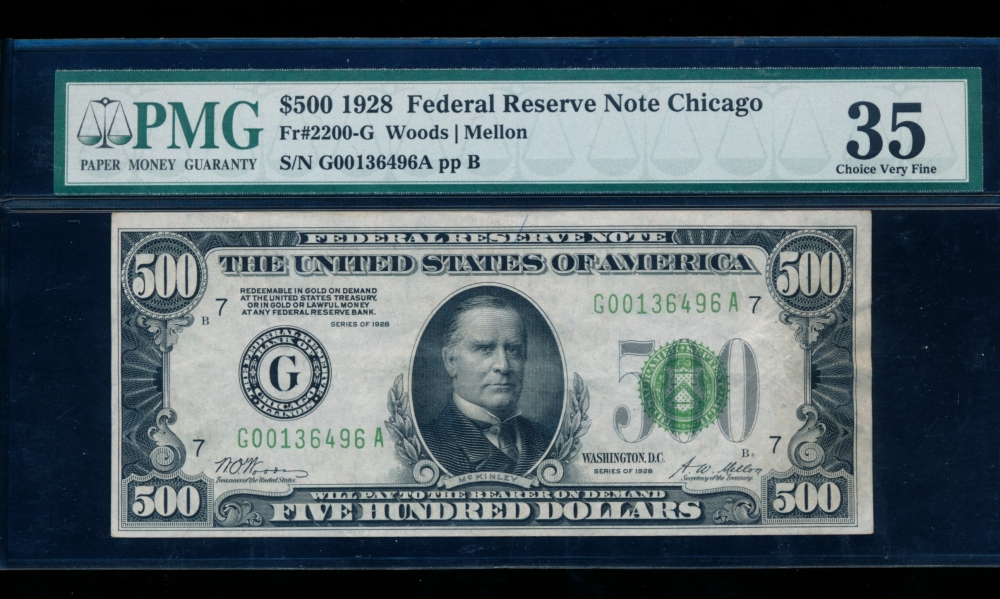 Fr. 2200-G 1928 $500  Federal Reserve Note Chicago PMG 35 G00136496A