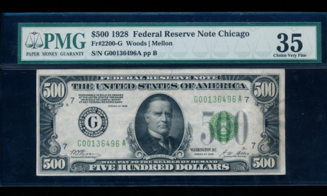 Fr. 2200-G 1928 $500  Federal Reserve Note Chicago PMG 35 G00136496A