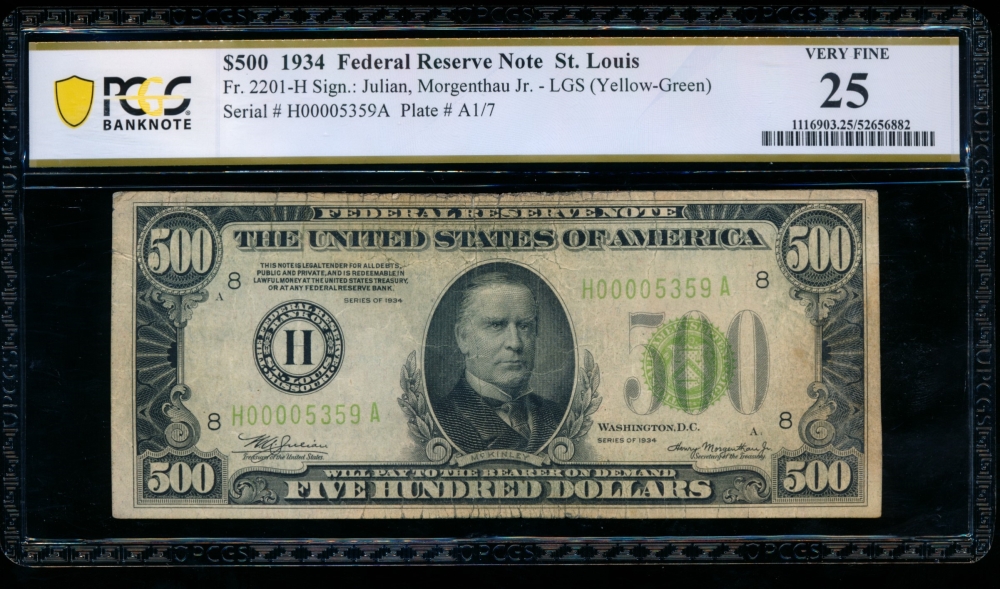 Fr. 2201-H 1934 $500  Federal Reserve Note Saint Louis LGS PCGS 25 comment H00005359A