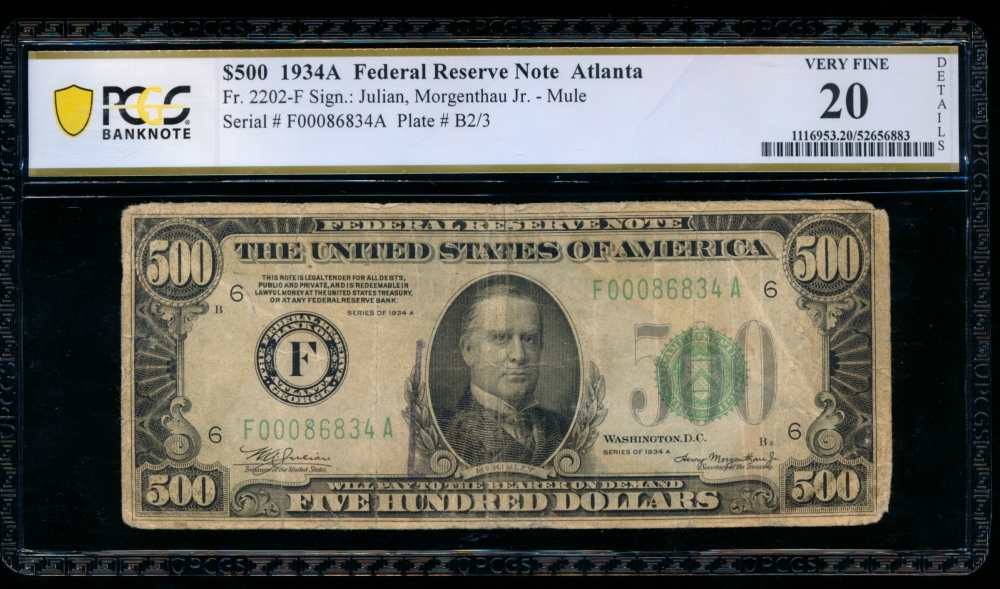 Fr. 2202-F 1934A $500  Federal Reserve Note Atlanta PCGS 20 details F00086834A