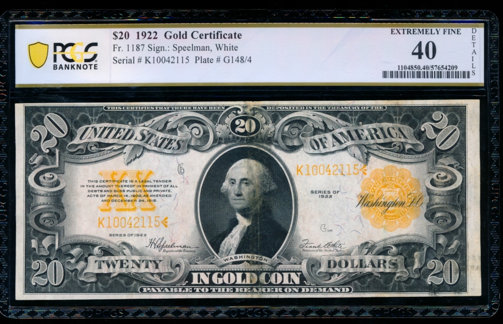 Fr. 1187 1922 $20  Gold Certificate  PCGS 40 details K10042115