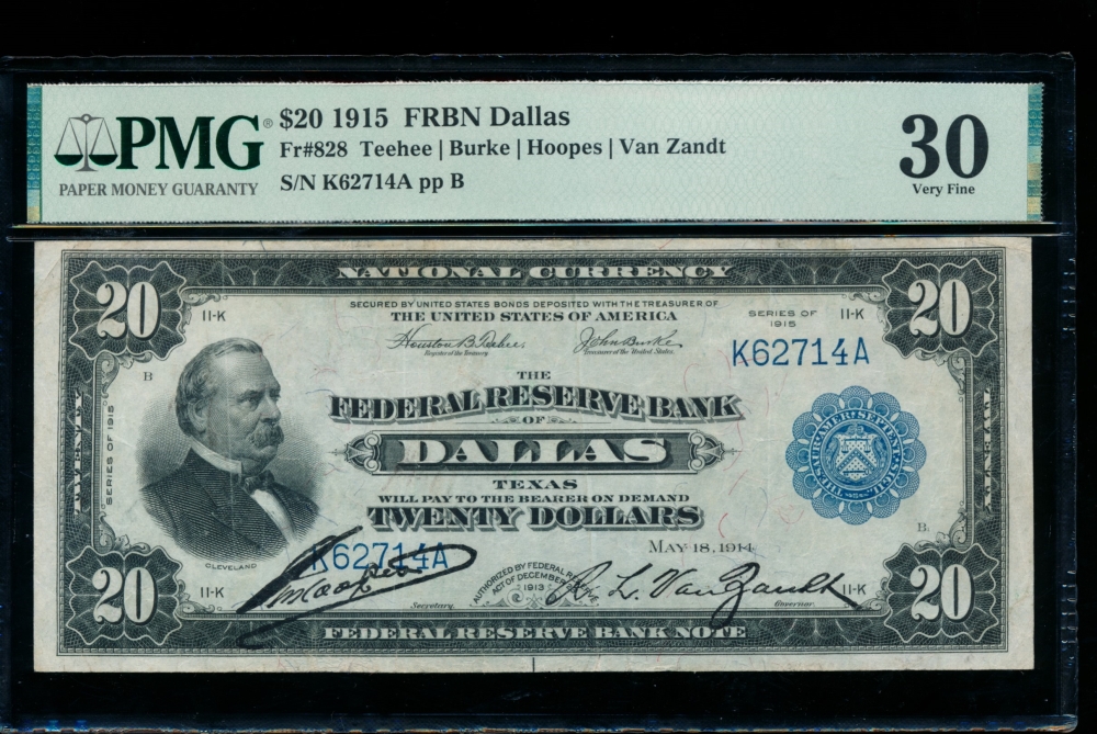 Fr. 827 1915 $20  FRBN Dallas PMG 30 comment K62714A