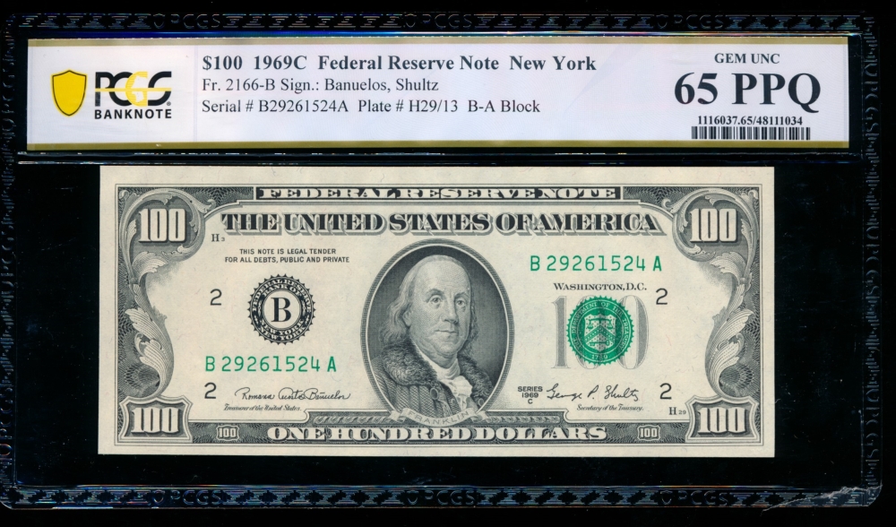 Fr. 2166-B 1969C $100  Federal Reserve Note New York PCGS 65PPQ B27261524A