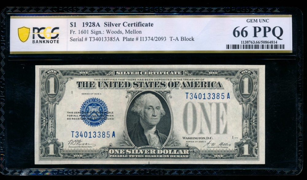 Fr. 1601 1928A $1  Silver Certificate TA block PCGS 66PPQ T34013385A