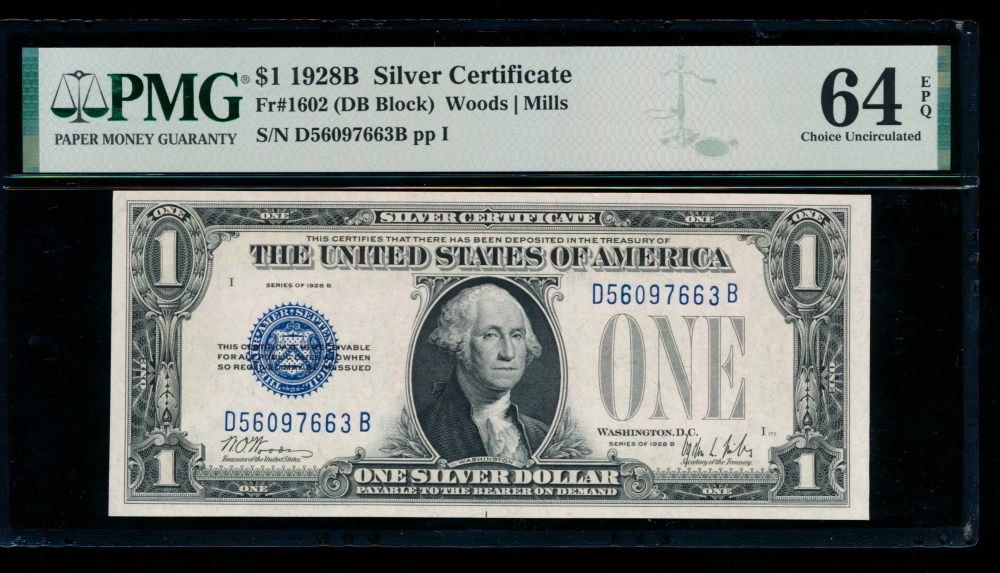 Fr. 1602 1928B $1  Silver Certificate DB block PMG 64EPQ D56097663B