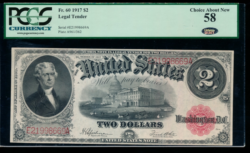 Fr. 60 1917 $2  Legal Tender  PCGS-C 58 E21998669A