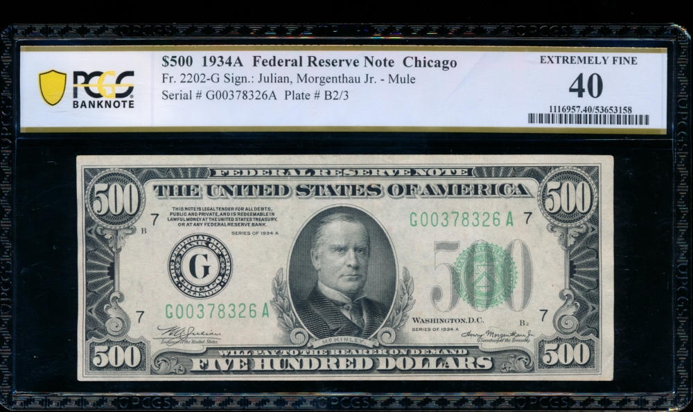 Fr. 2202-G 1934A $500  Federal Reserve Note Chicago PCGS 40 comment G00378326A