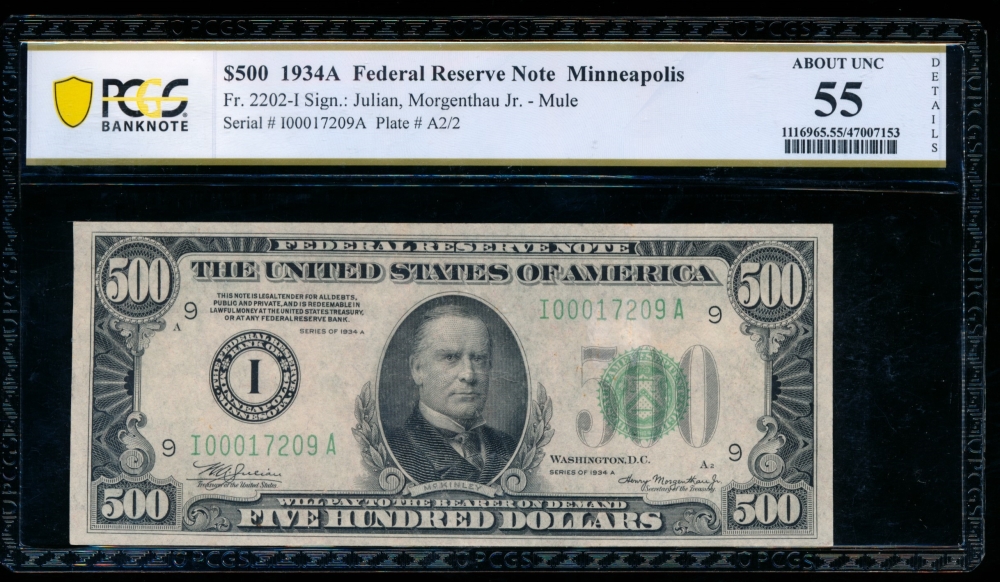 Fr. 2202-I 1934A $500  Federal Reserve Note Minneapolis PCGS 55 details I00017209A