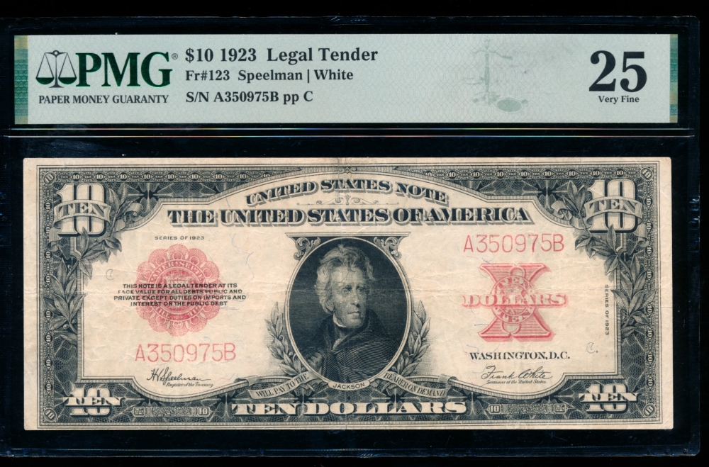 Fr. 123 1923 $10  Legal Tender  PMG 25 A350975B