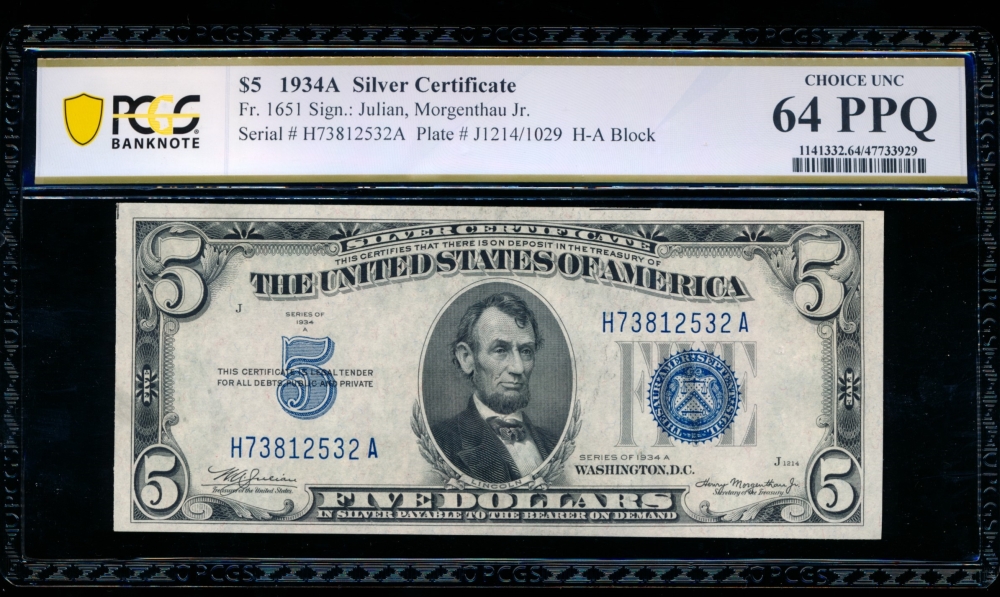 Fr. 1651 1934A $5  Silver Certificate HA block PCGS 64PPQ H73812532A