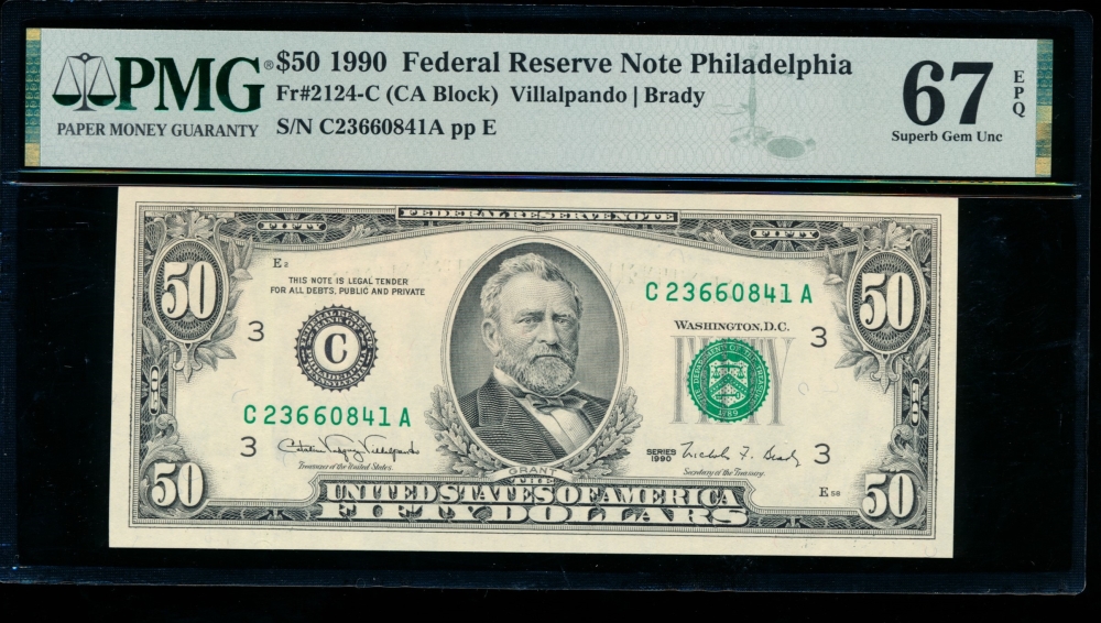 Fr. 2124-C 1990 $50  Federal Reserve Note Philadelphia PMG 67EPQ C23660841A