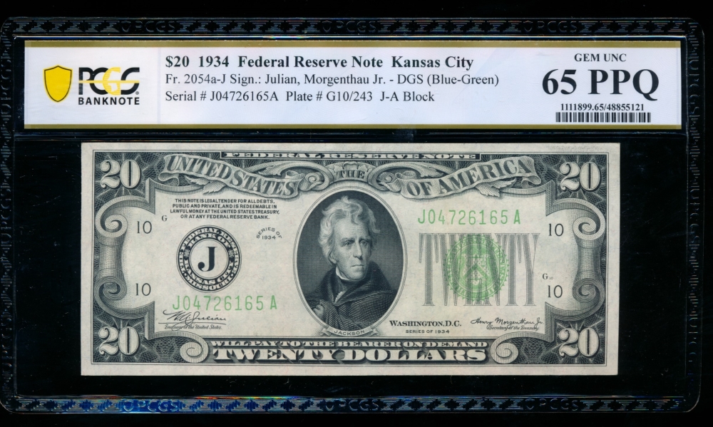 Fr. 2054-J 1934 $20  Federal Reserve Note Kansas City PCGS 65PPQ J04726165A