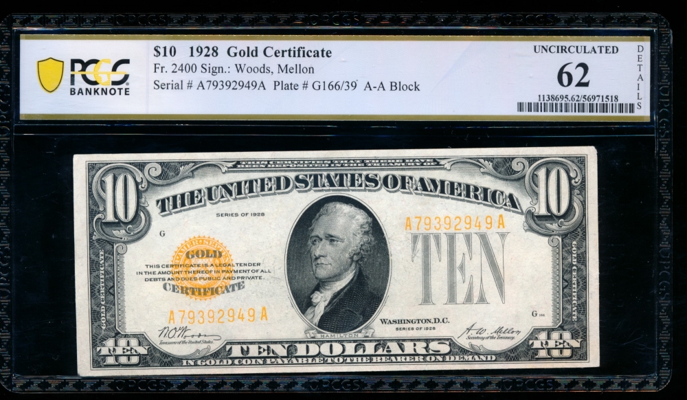 Fr. 2400 1928 $10  Gold Certificate AA block PCGS 62 details A79392949A