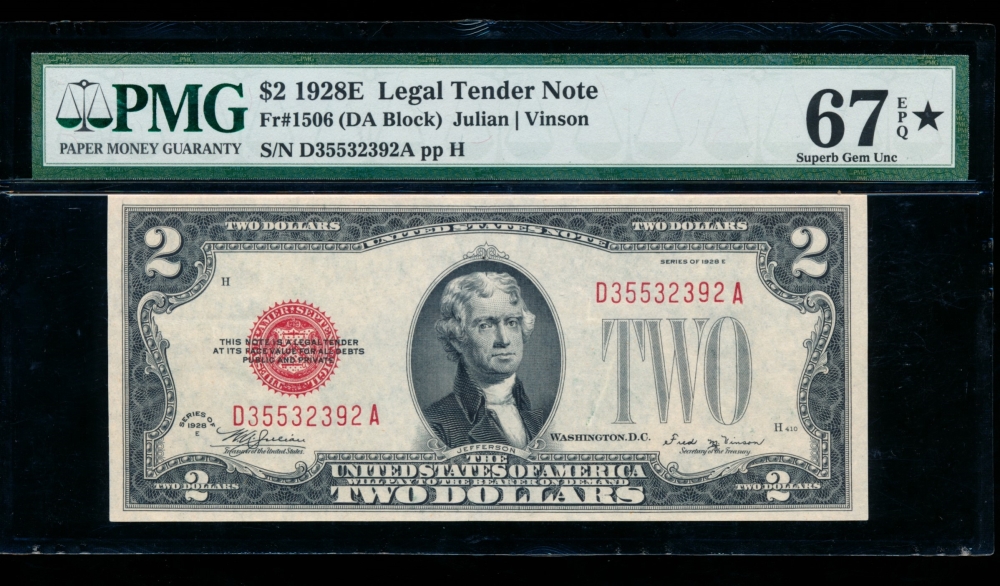 Fr. 1506 1928E $2  Legal Tender DA block PMG 67EPQ* D35532392A