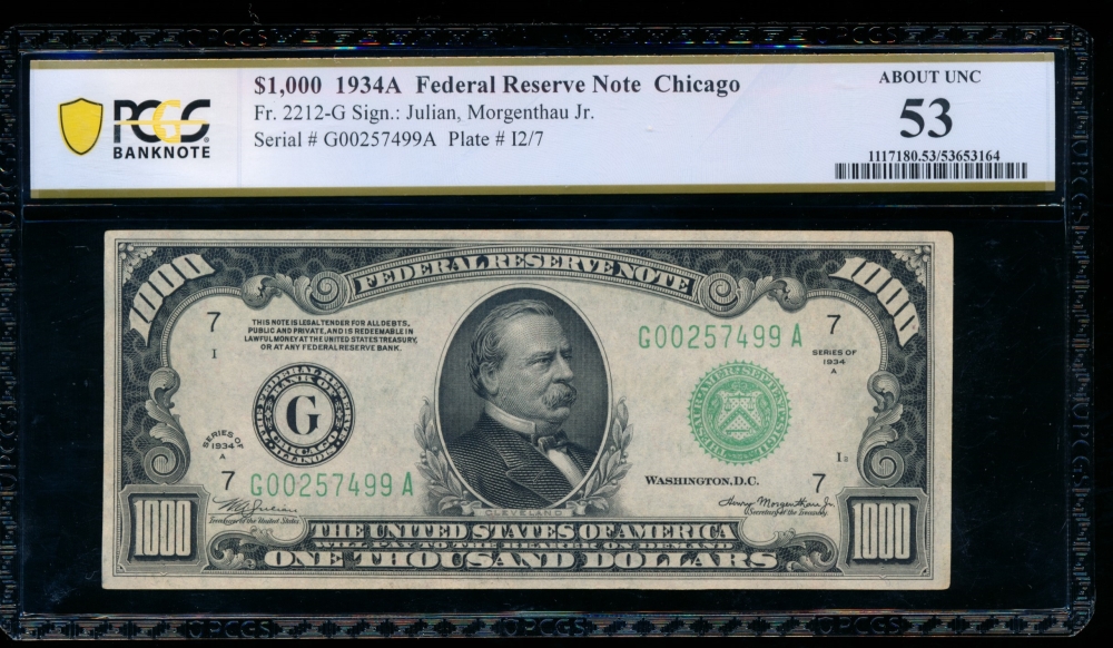 Fr. 2212-G 1934A $1,000  Federal Reserve Note Chicago PCGS 53 G00257499A