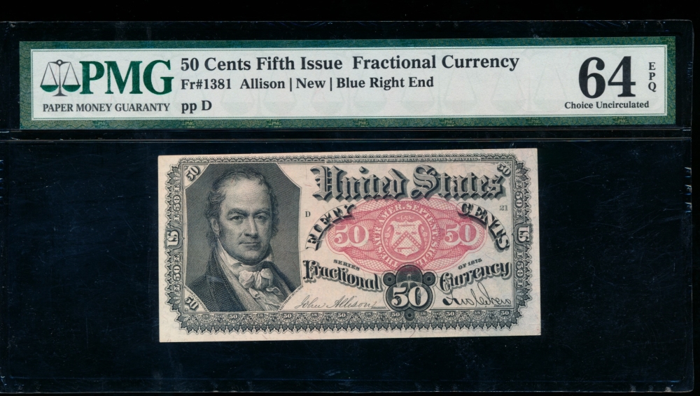Fr. 1381  $0.50  Fractional Fifth Issue: Blue Right End PMG 64EPQ no serial number