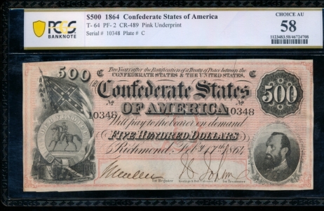 Fr. T-64 1864 $100  Confederate  PCGS 58 10348