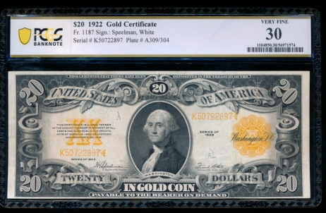 Fr. 1187 1922 $20  Gold Certificate  PCGS 30 K50722897