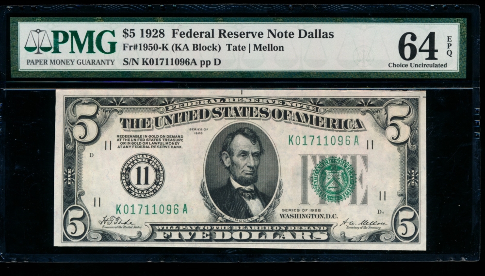 Fr. 1950-K 1928 $5  Federal Reserve Note Dallas PMG 64EPQ K01711096A