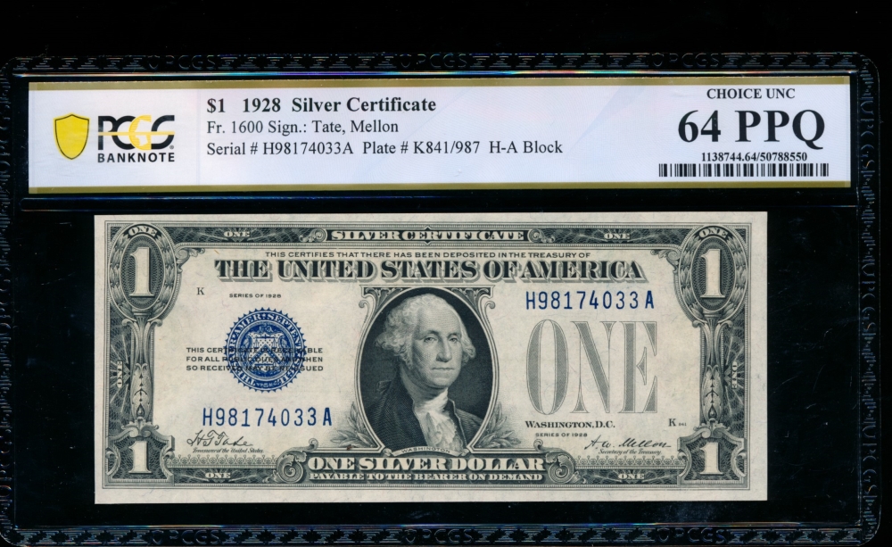 Fr. 1600 1928 $1  Silver Certificate HA block PCGS 64PPQ H98174033A