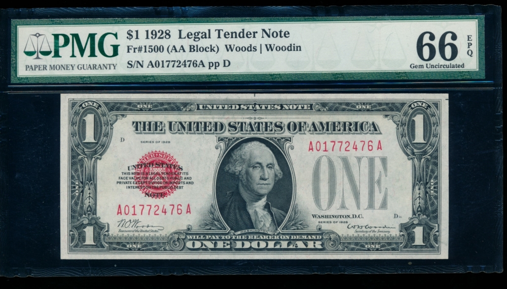 Fr. 1500 1928 $1  Legal Tender  PMG 66EPQ A01772476A