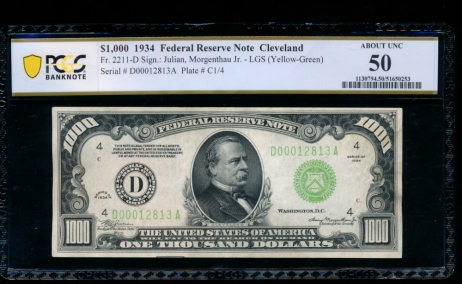 Fr. 2211-D 1934 $1,000  Federal Reserve Note Cleveland LGS PCGS 50 D00012813A