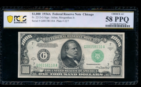 Fr. 2212-G 1934A $1,000  Federal Reserve Note Chicago PCGS 58PPQ G00158110A