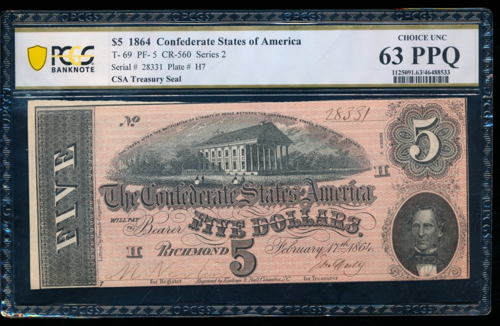 Fr. T-69 1864 $5  Confederate  PCGS 63PPQ 28331
