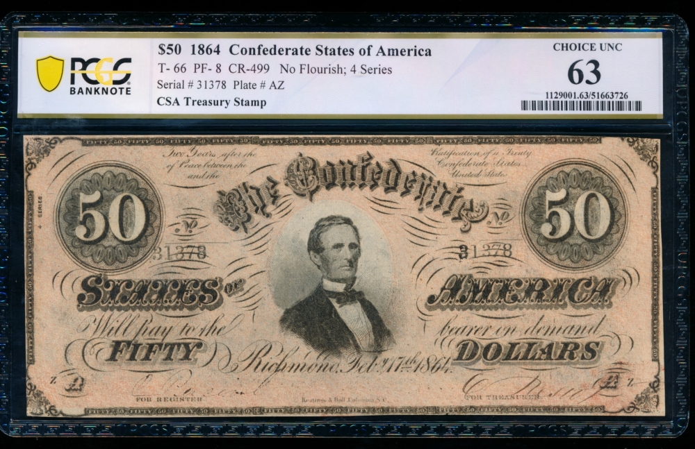 Fr. T-66 1864 $50  Confederate  PCGS 63 31378
