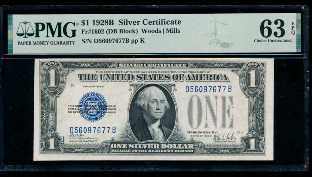 Fr. 1602 1928B $1  Silver Certificate DB block PMG 63EPQ D56097677B