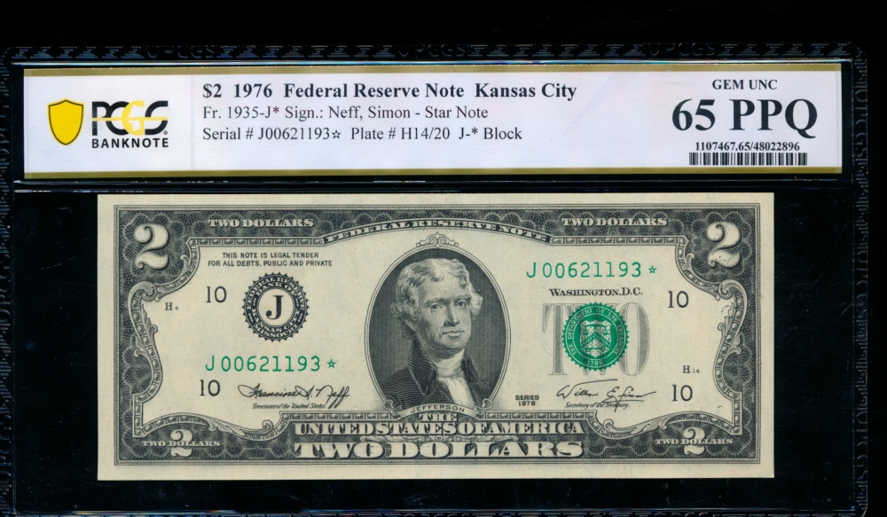 Fr. 1935-J 1976 $2  Federal Reserve Note Kansas City star PCGS 65PPQ J00621193*