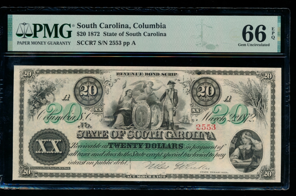 Fr. Cr SC-7 1872 $20  Obsolete State of South Carolina, Columbia, SC PMG 66EPQ 2553