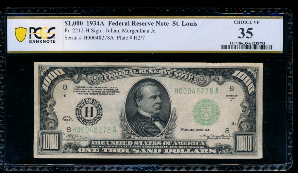 Fr. 2212-H 1934A $1,000  Federal Reserve Note Saint Louis PCGS 35 comment H00048278A