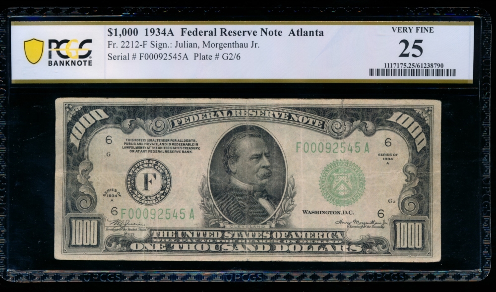 Fr. 2212-F 1934A $1,000  Federal Reserve Note Atlanta PCGS 25 F00092545A