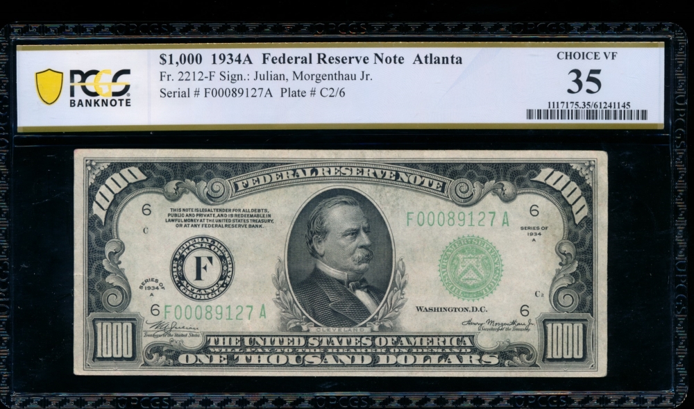Fr. 2212-F 1934A $1,000  Federal Reserve Note Atlanta PCGS 35 F00089127A